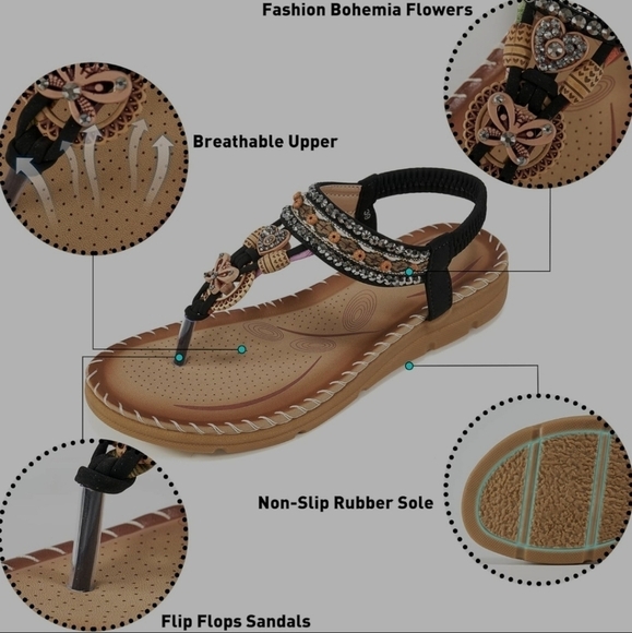 NWOT Aomigoct navy bohemian embellished elastic ankle flip flops sandals - Picture 4 of 12